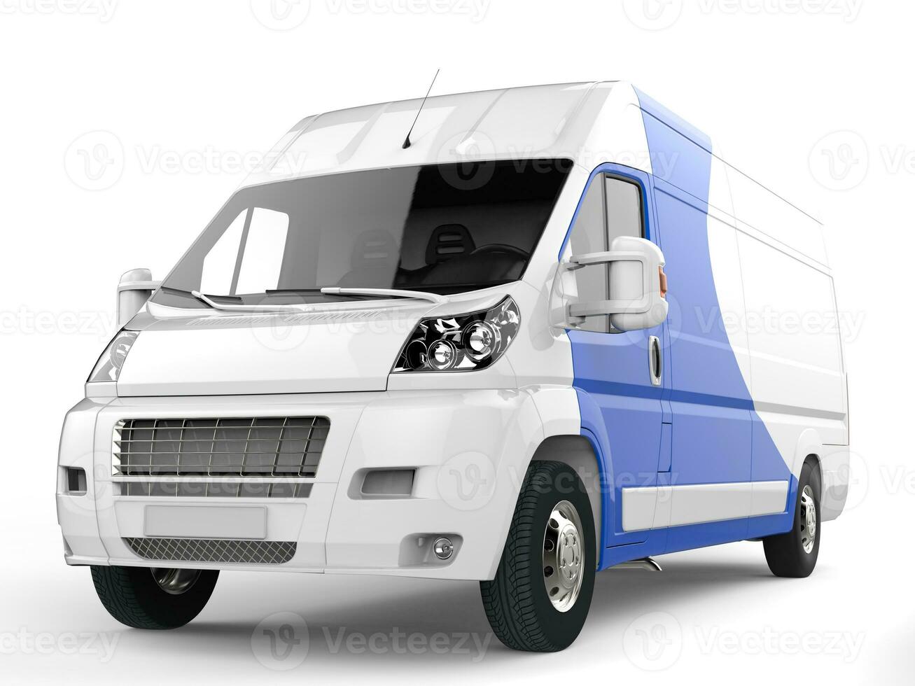 White delivery van with blue details - closeup shot photo