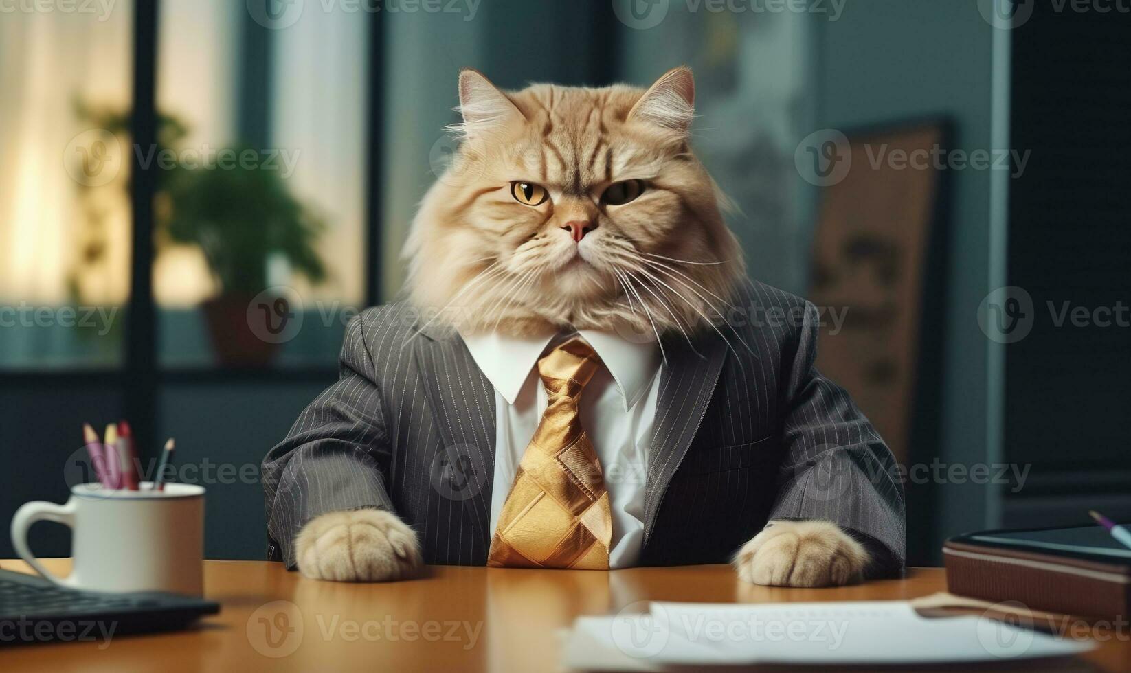 Dapper feline in a stylish suit sits working at an office desk. Created by AI photo