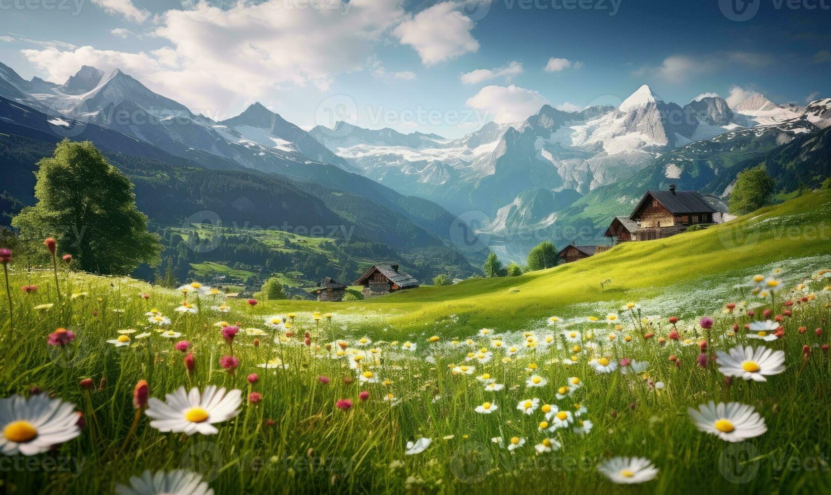 Breathtaking alpine landscape with vibrant wildflowers in the foreground and majestic mountains behind. Created by AI tools photo