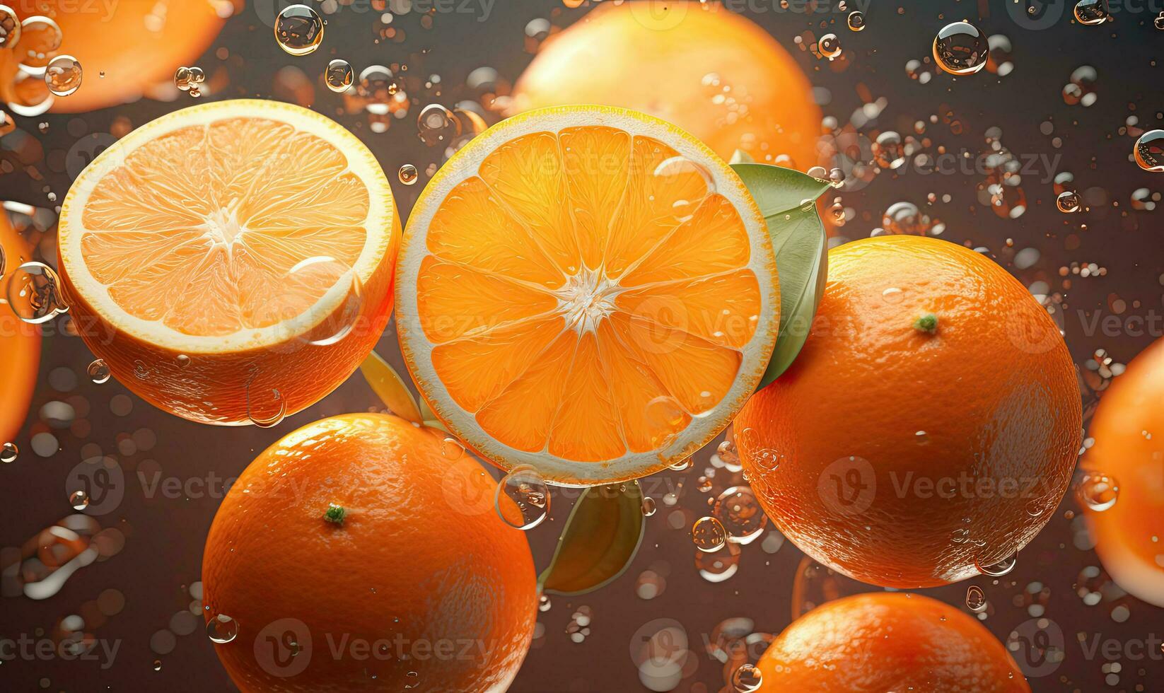 Vibrant oranges float in clear water, illuminated by sunlight. Created by AI photo