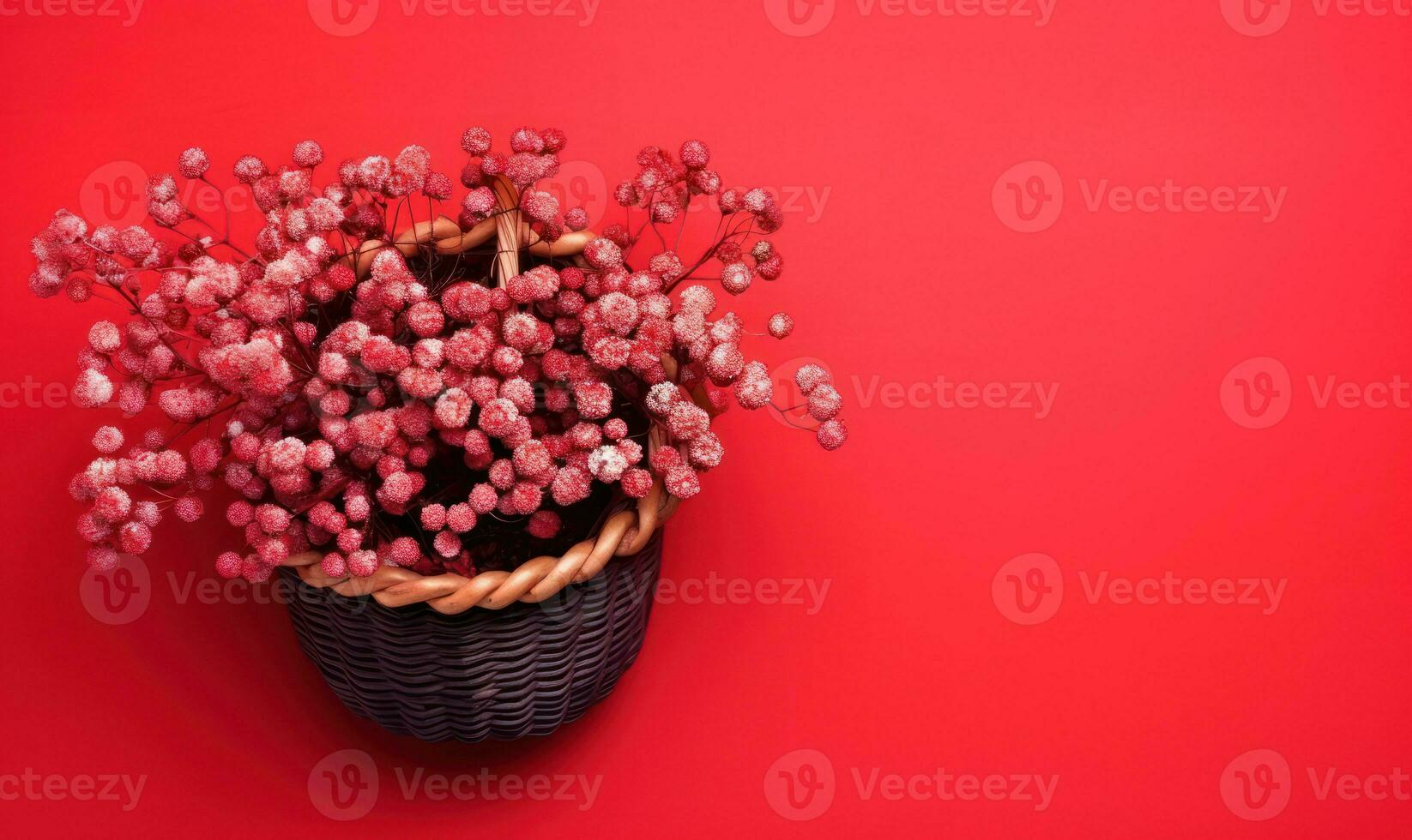 Rustic wicker basket filled with a mix of red and white blooms. Created by AI photo