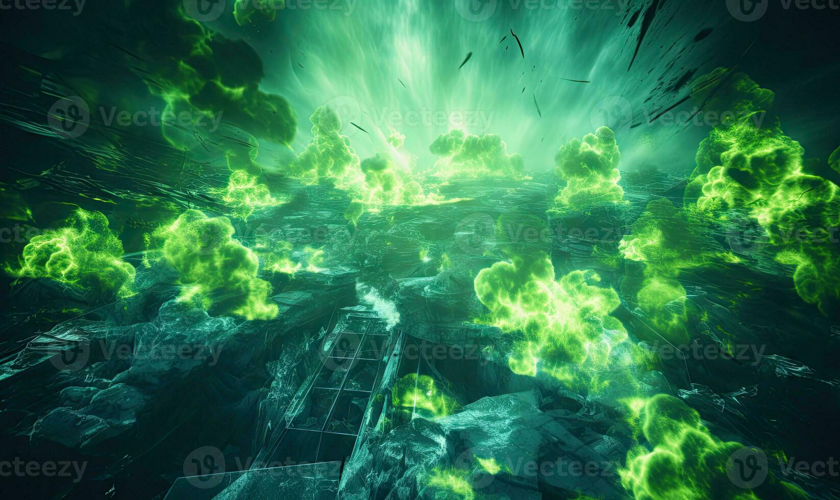 Intense radiant green glow suggesting radioactive presence. Created by AI photo