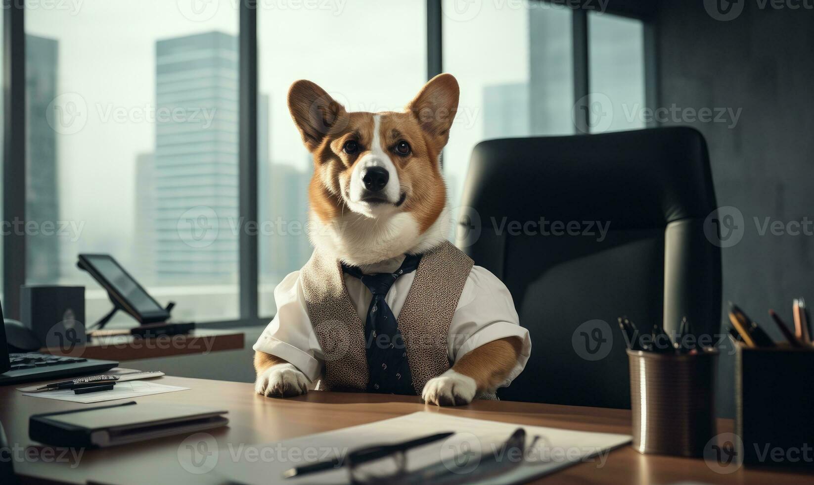A corgi dressed in a businessman costume sits. Created by AI photo