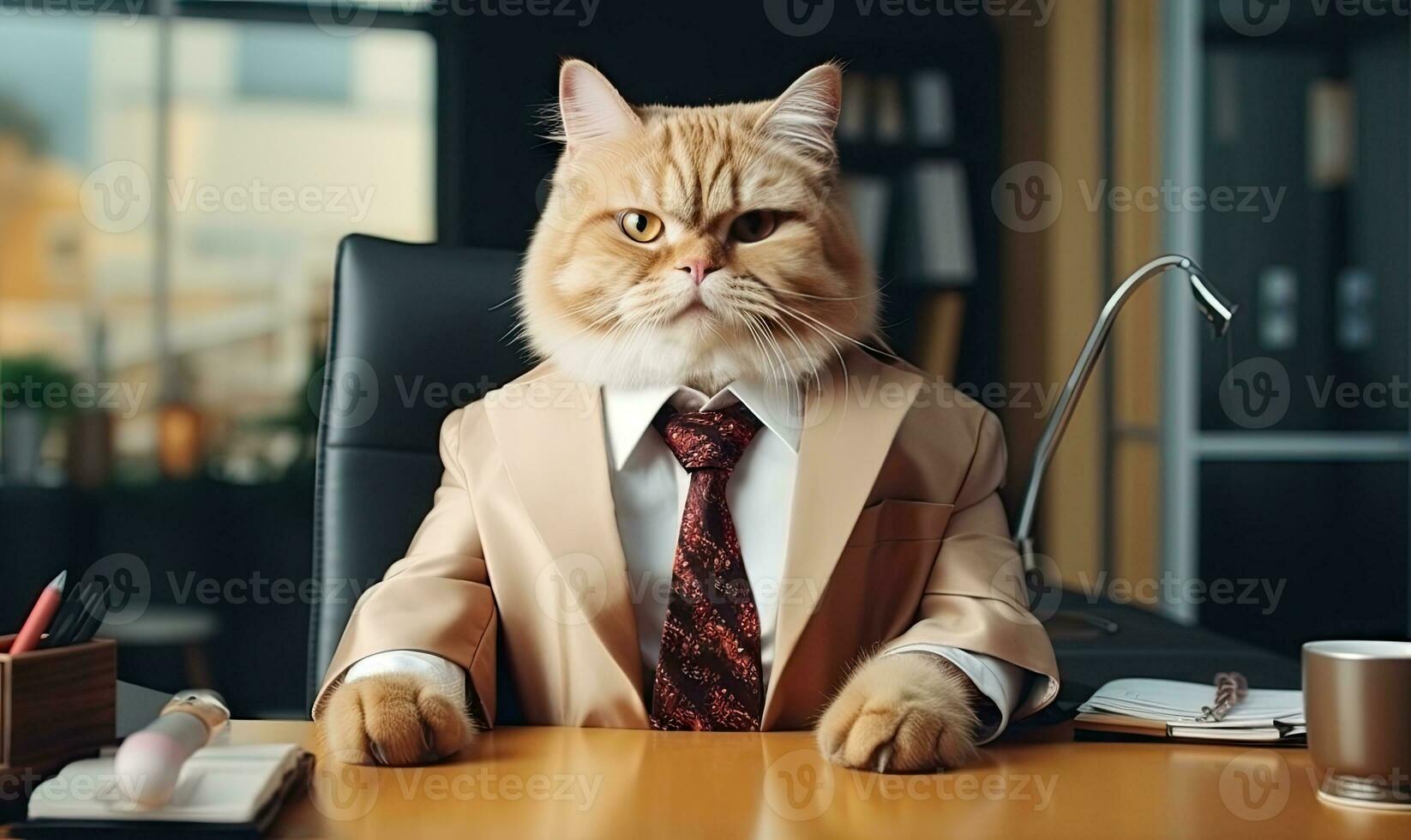 Dapper feline in a stylish suit sits working at an office desk. Created by AI photo