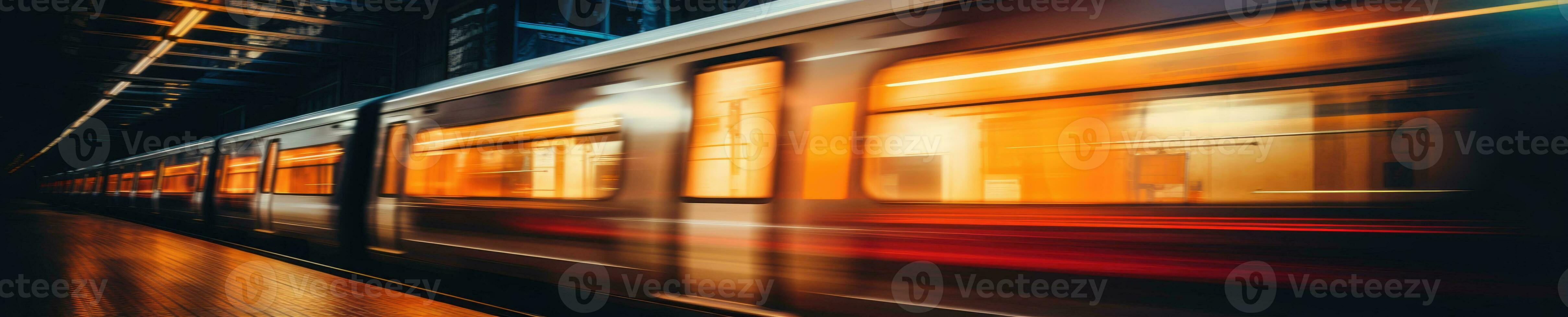 Blurred capture of a modern train powering through a station. Created by AI photo