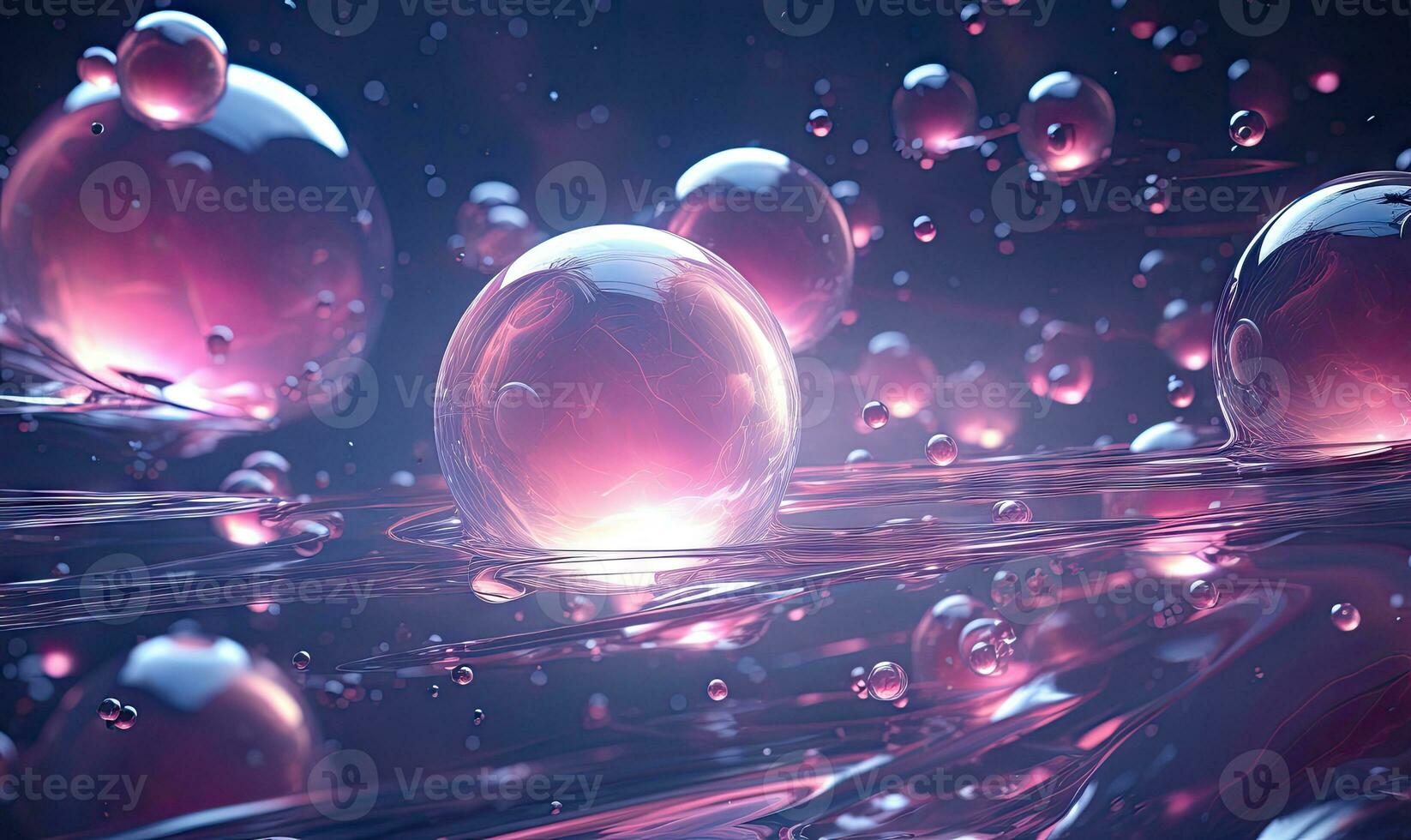Ethereal scene of water bubbles in a dark backdrop. Created by AI photo