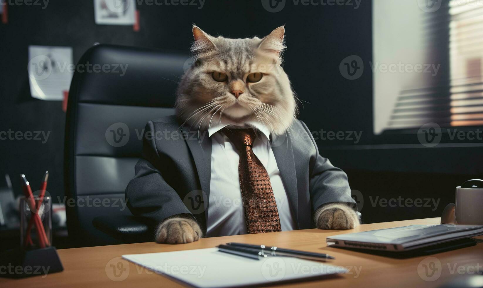 Dapper feline in a stylish suit sits working at an office desk. Created by AI photo