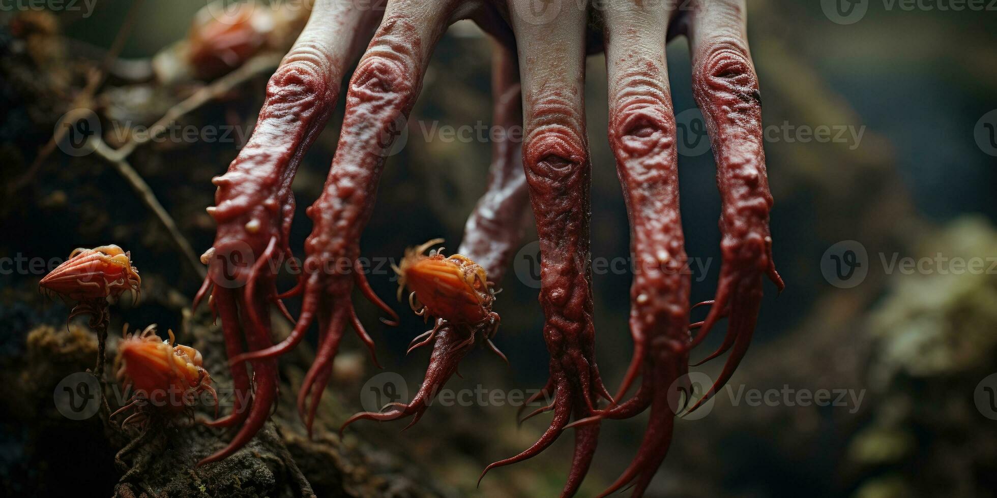 Witch's hand in the woods, with tendrils of new flesh growing from fingers,Created with generative AI tools photo