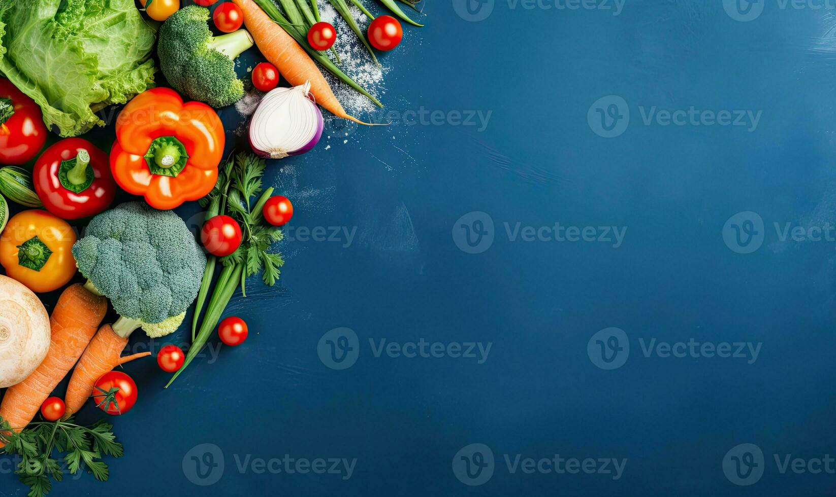 Top view vegetables on deep blue background. Vegetarian organic food banner. Created by AI tools photo