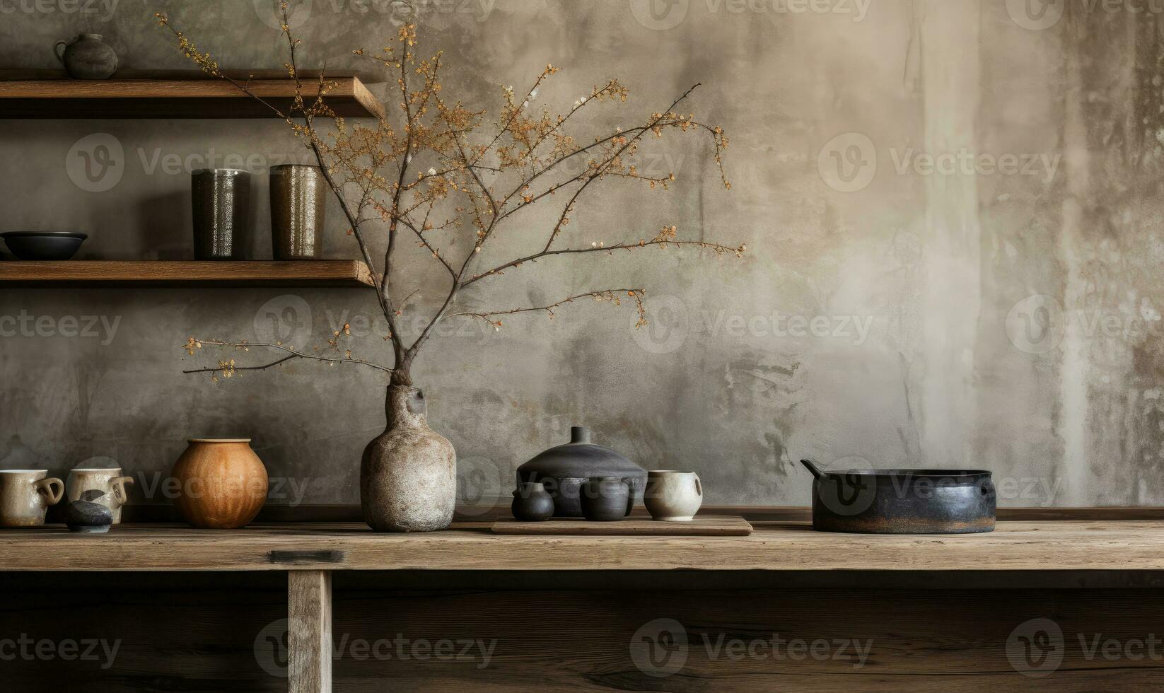 wabi-sabi interior con floreros en un estante y mesa, . creado por ai foto