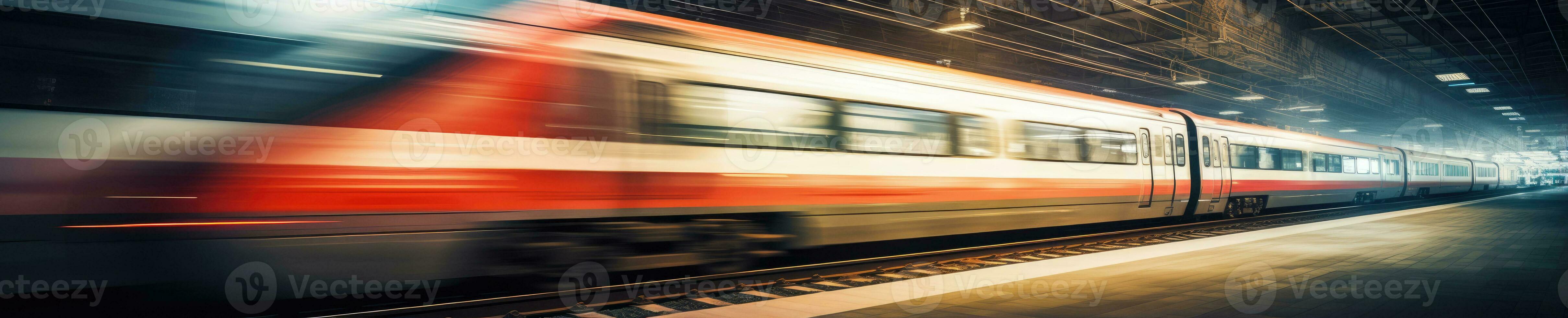 Blurred capture of a modern train powering through a station. Created by AI photo