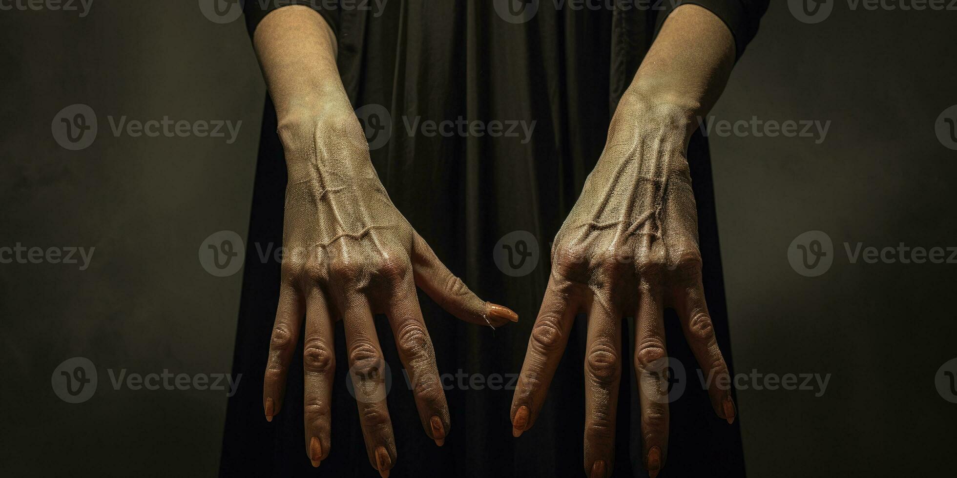 Aged witch's hands with vibrant red nails. Created with generative AI tools photo