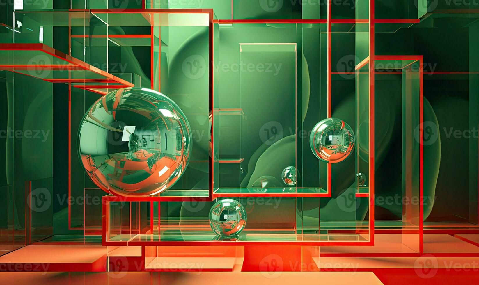 Vibrant, abstract room featuring bold colors and glassmorphism spheres. Created by AI photo