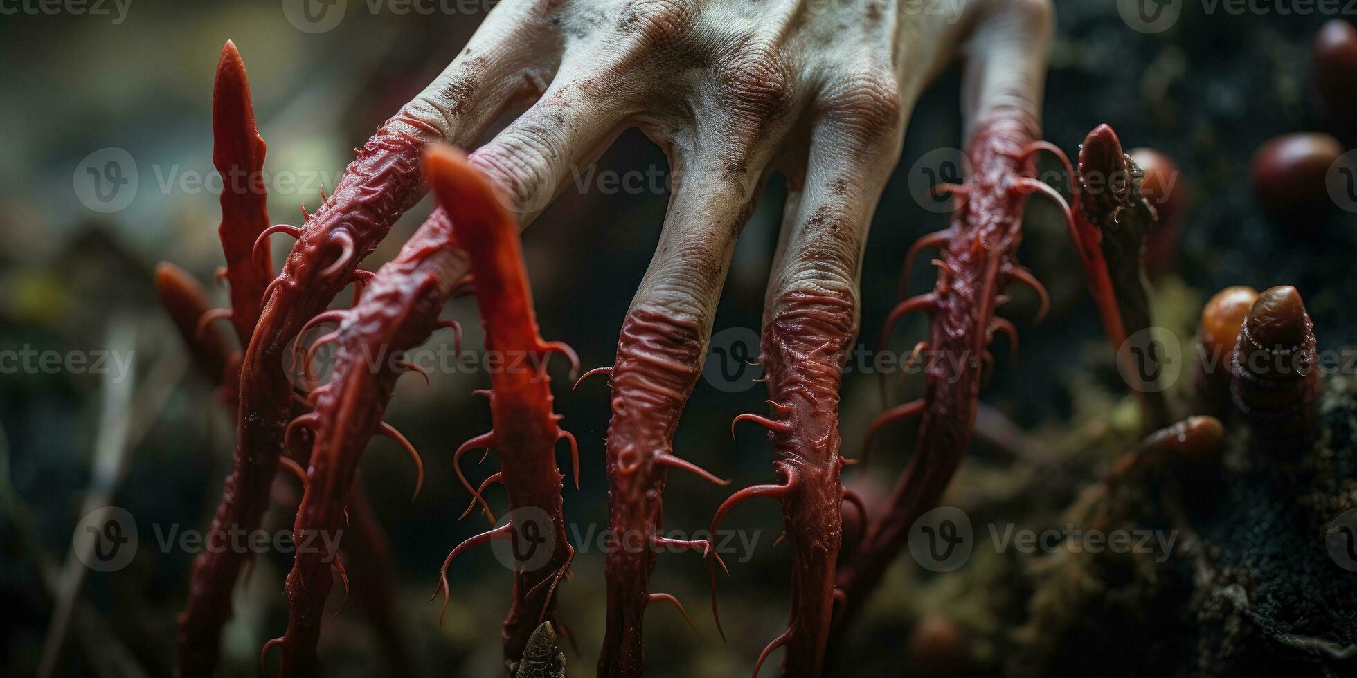 Witch's hand in the woods, with tendrils of new flesh growing from fingers,Created with generative AI tools photo