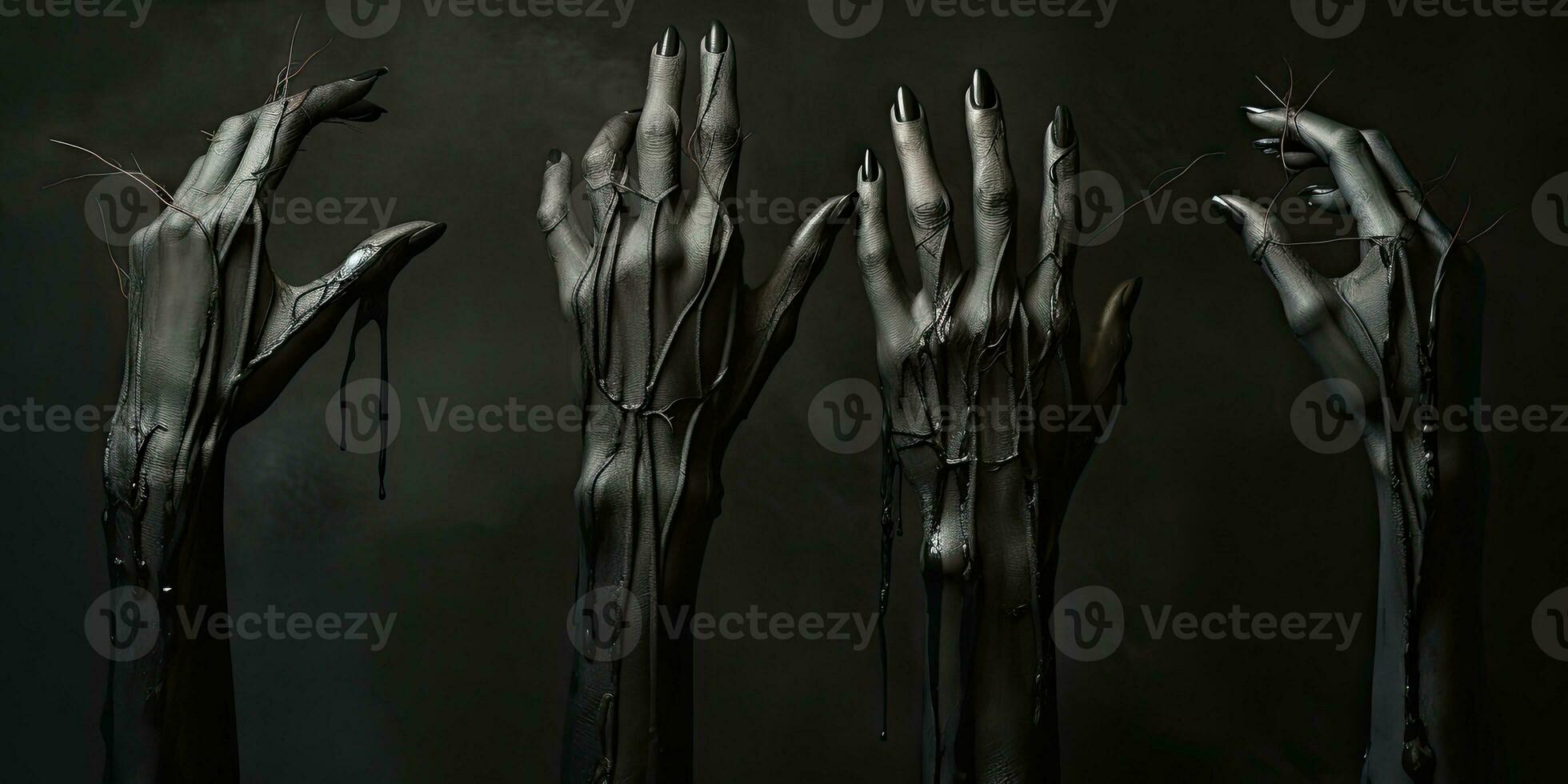 Zombie hands emerge from the darkness. Created by AI photo