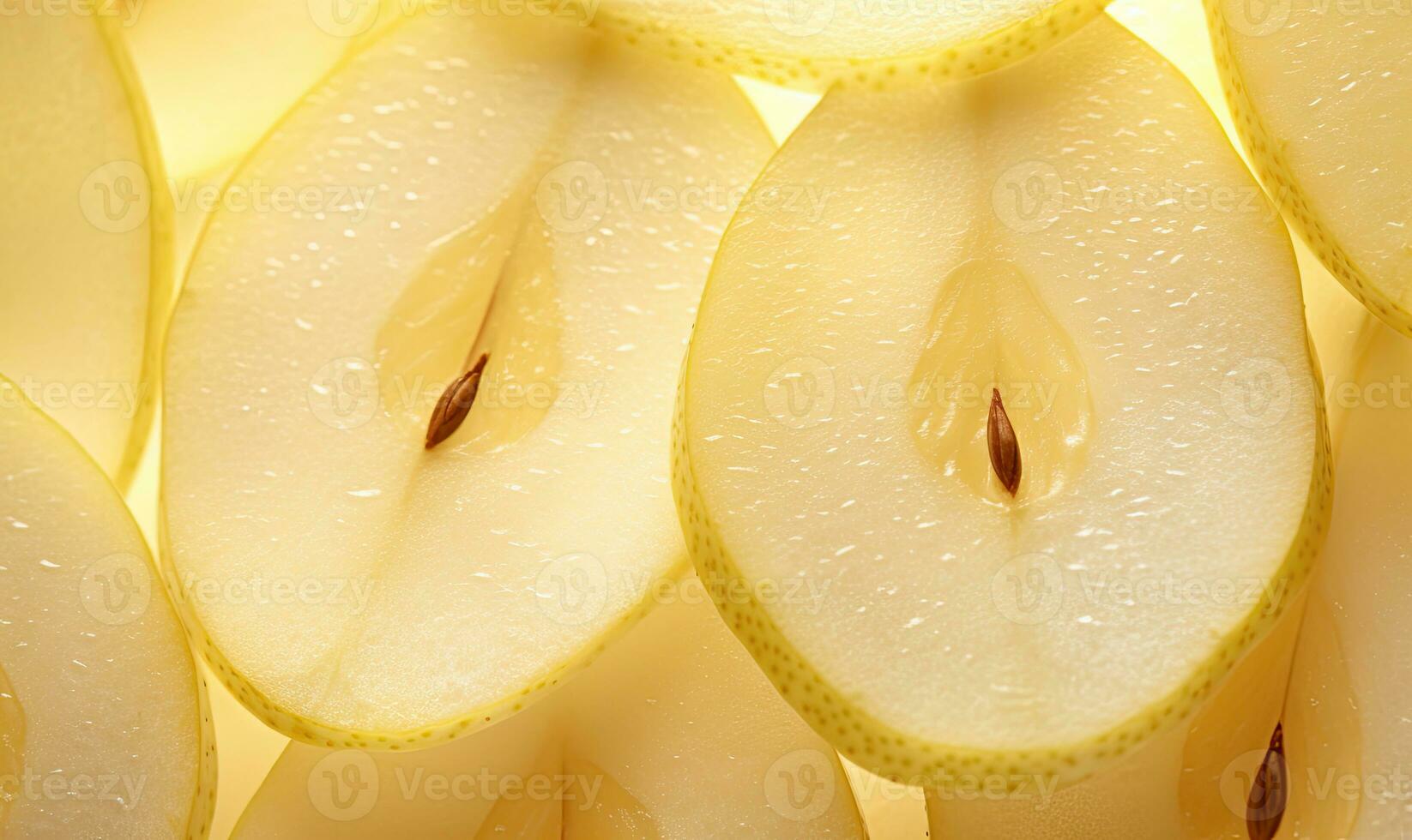 Close-up of vibrant yellow pear slices. Created by AI photo