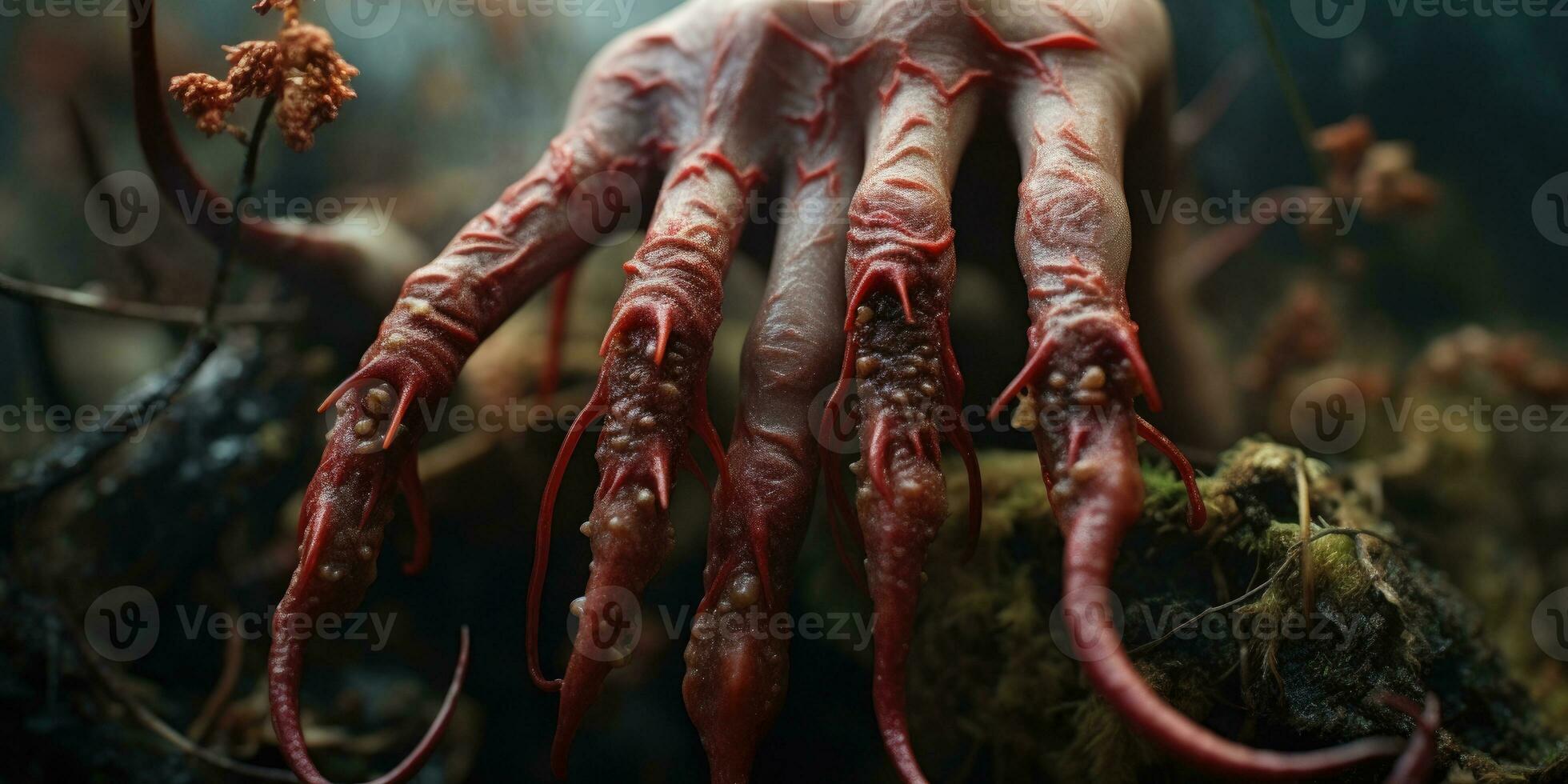 Witch's hand in the woods, with tendrils of new flesh growing from fingers,Created with generative AI tools photo
