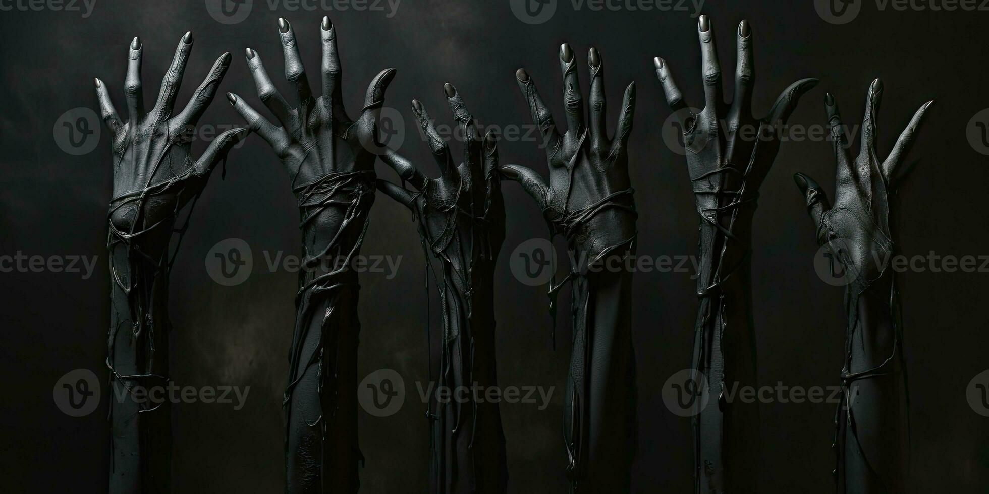 Zombie hands emerge from the darkness. Created by AI photo