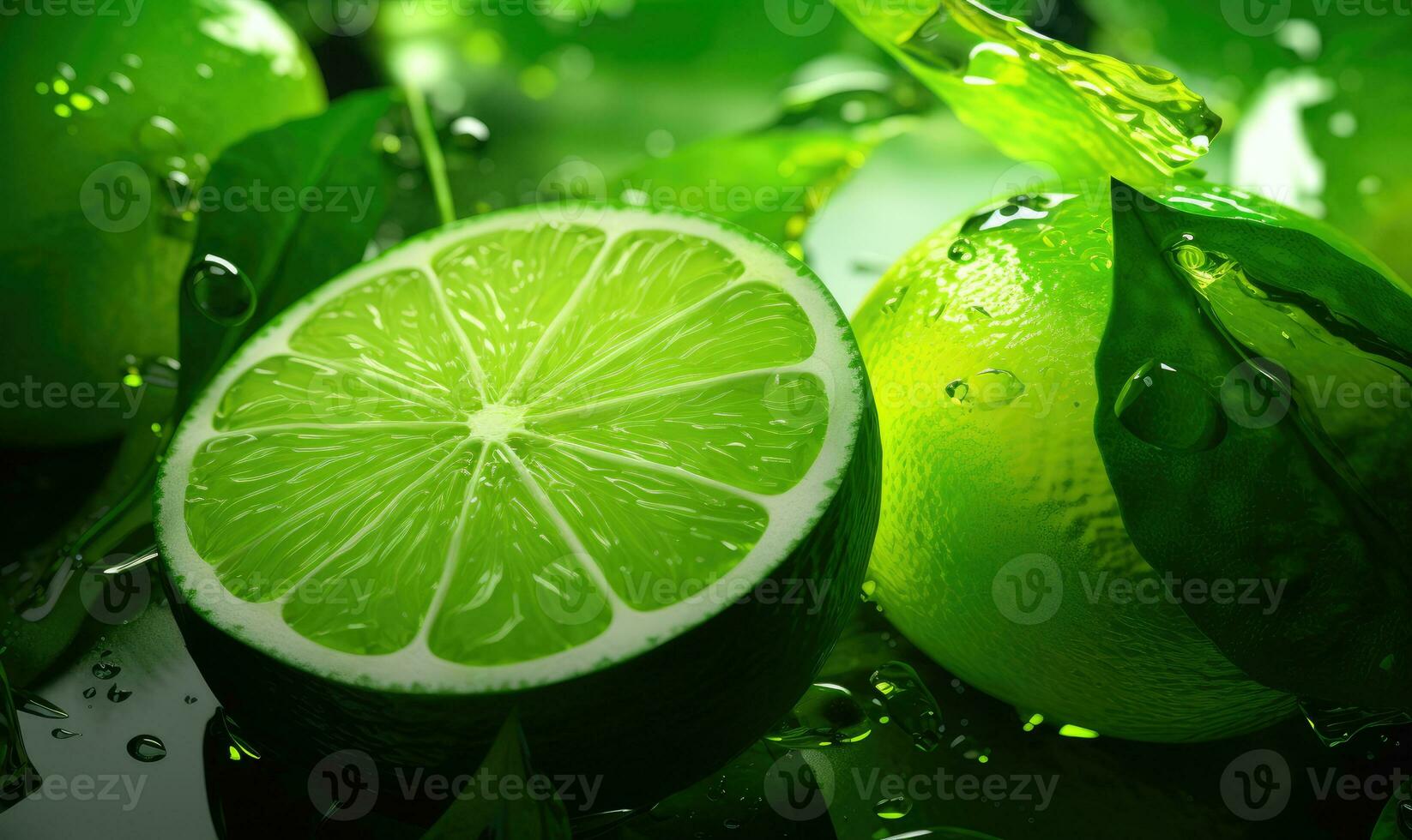 Close-up of vibrant lime slices adorned with water droplets, set against a backdrop of fresh foliage. Created by AI tools photo