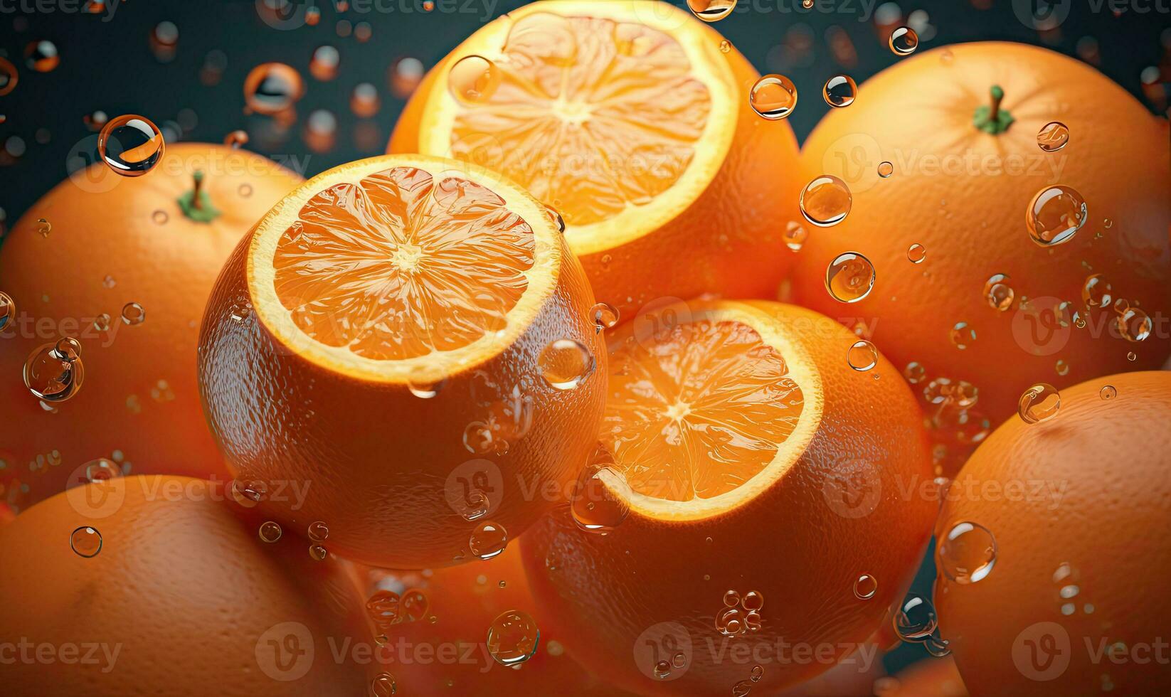 Vibrant oranges float in clear water, illuminated by sunlight. Created by AI photo