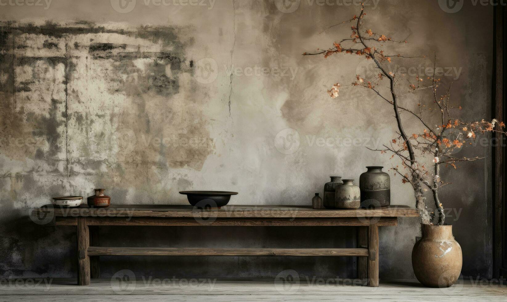 wabi-sabi interior con floreros en un estante y mesa. ai generativo foto