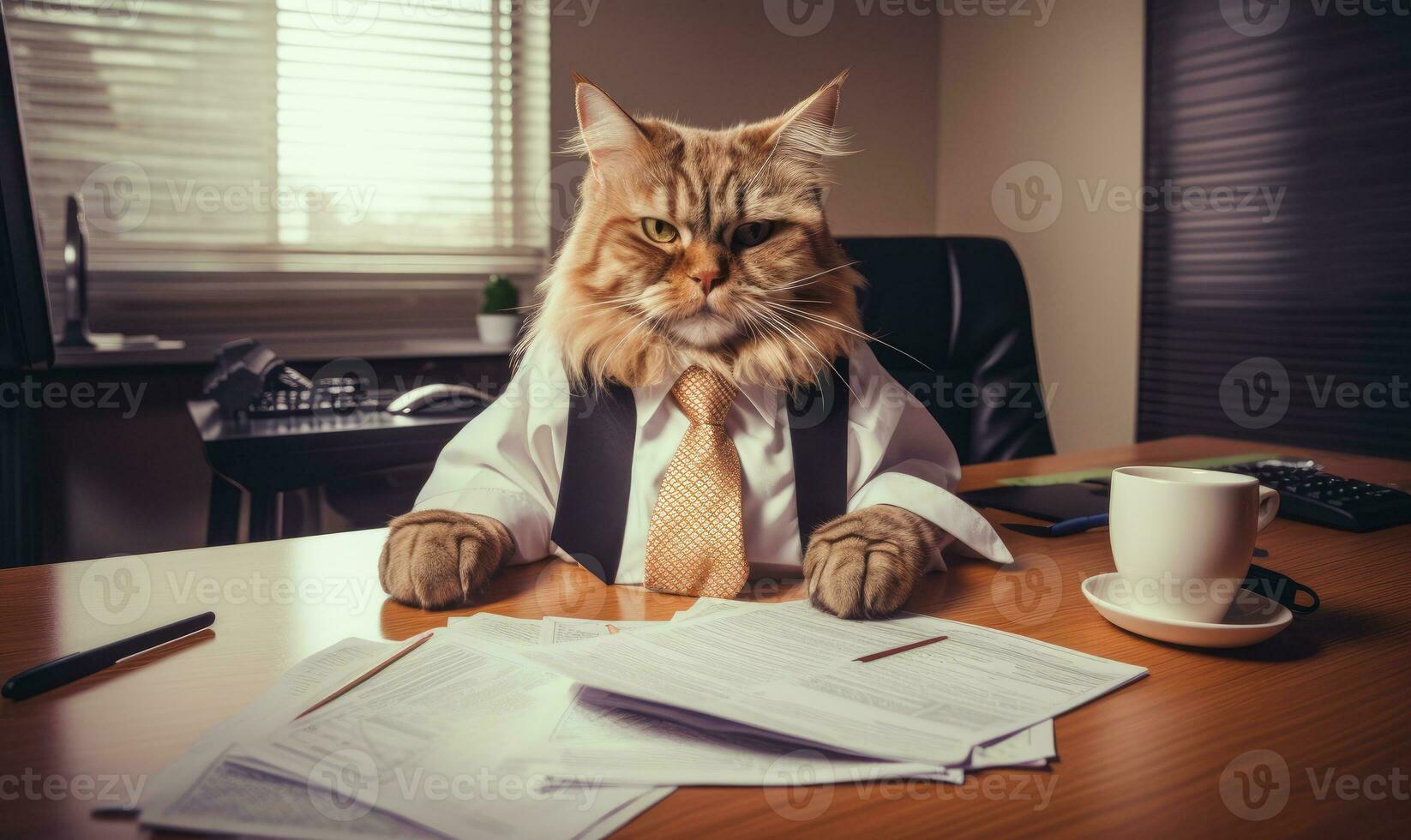 Dapper feline in a stylish suit sits working at an office desk. AI Generative photo