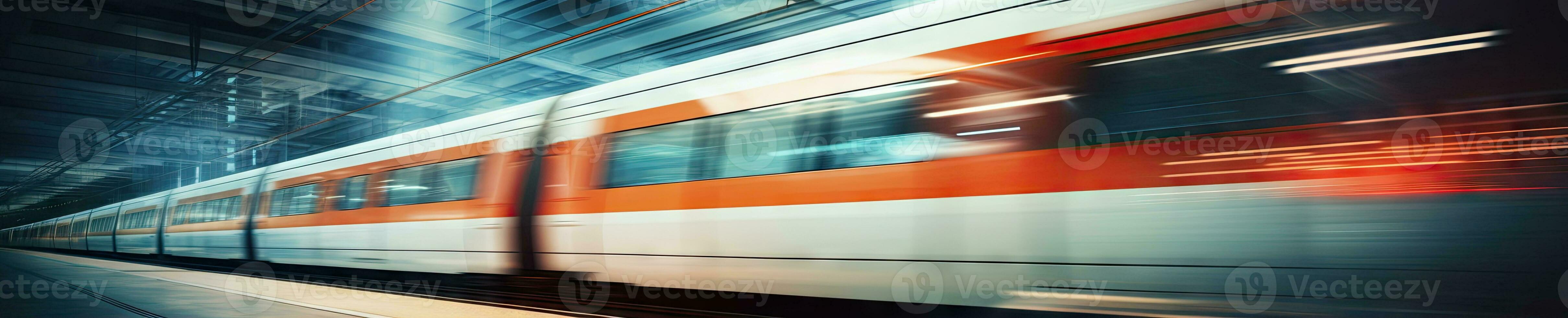 Blurred capture of a modern train powering through a station. AI Generative photo