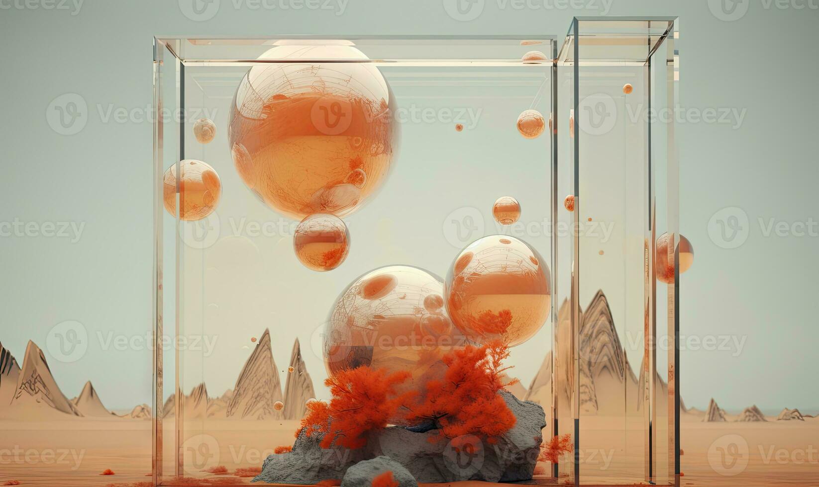 Orderly arranged orange spheres inside a glass enclosure on a rocky base. AI Generative photo