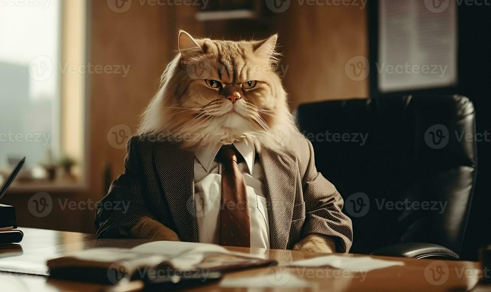 Dapper feline in a stylish suit sits working at an office desk. AI Generative photo