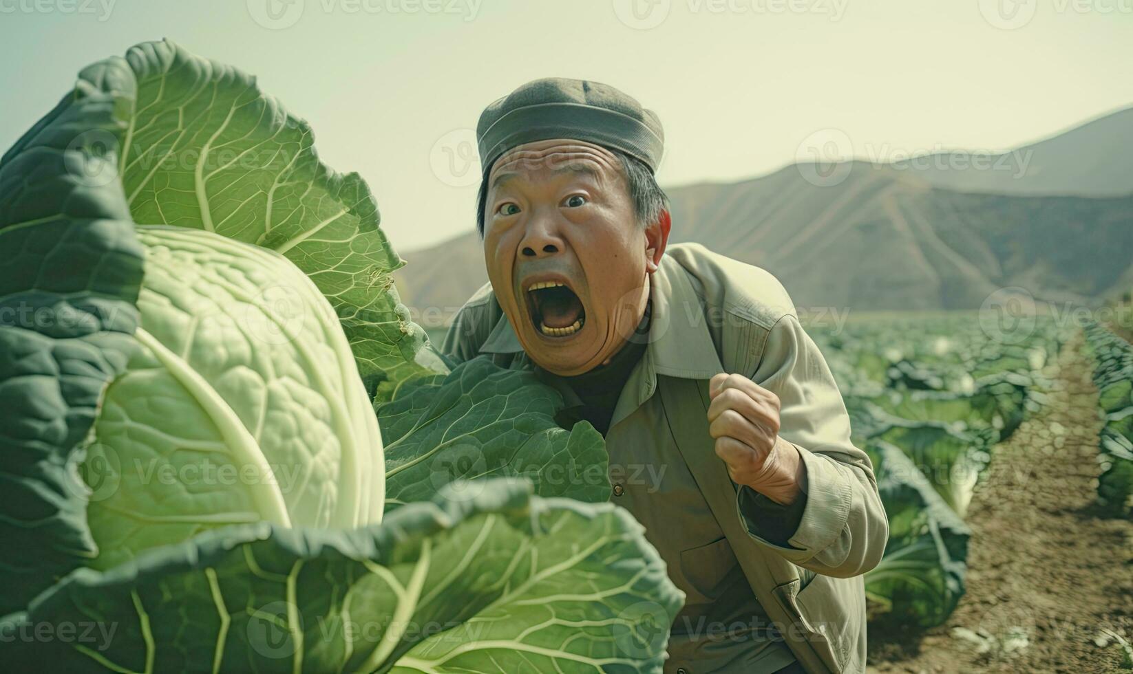 Asian man with a cheeky grin, stealthily taking a cabbage from a lush field. AI Generative photo