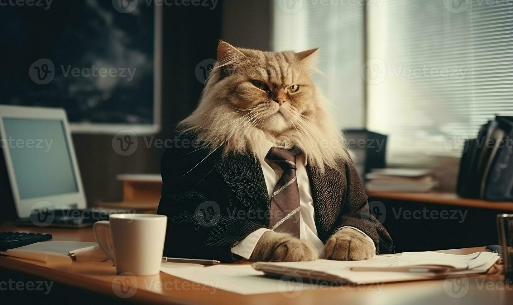 Dapper feline in a stylish suit sits working at an office desk. AI Generative photo