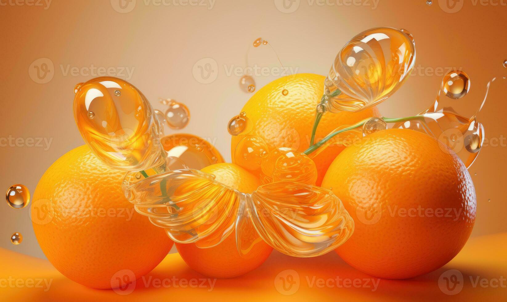 Translucent orange slice with water bubbles. AI Generative photo