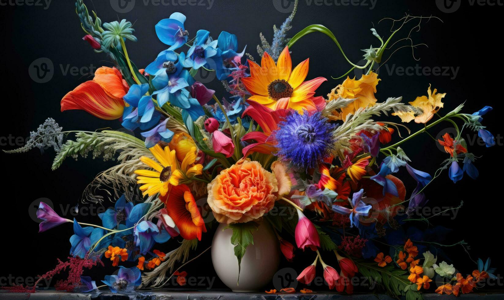 Still life of flowers. Vibrant bouquet of wildflowers in a vase on a table. AI Generative photo