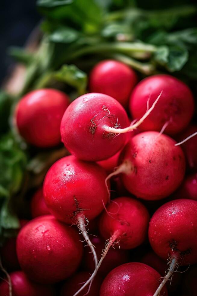 realista foto de un manojo de rojo rábano. parte superior ver vegetales escenario. ai generado