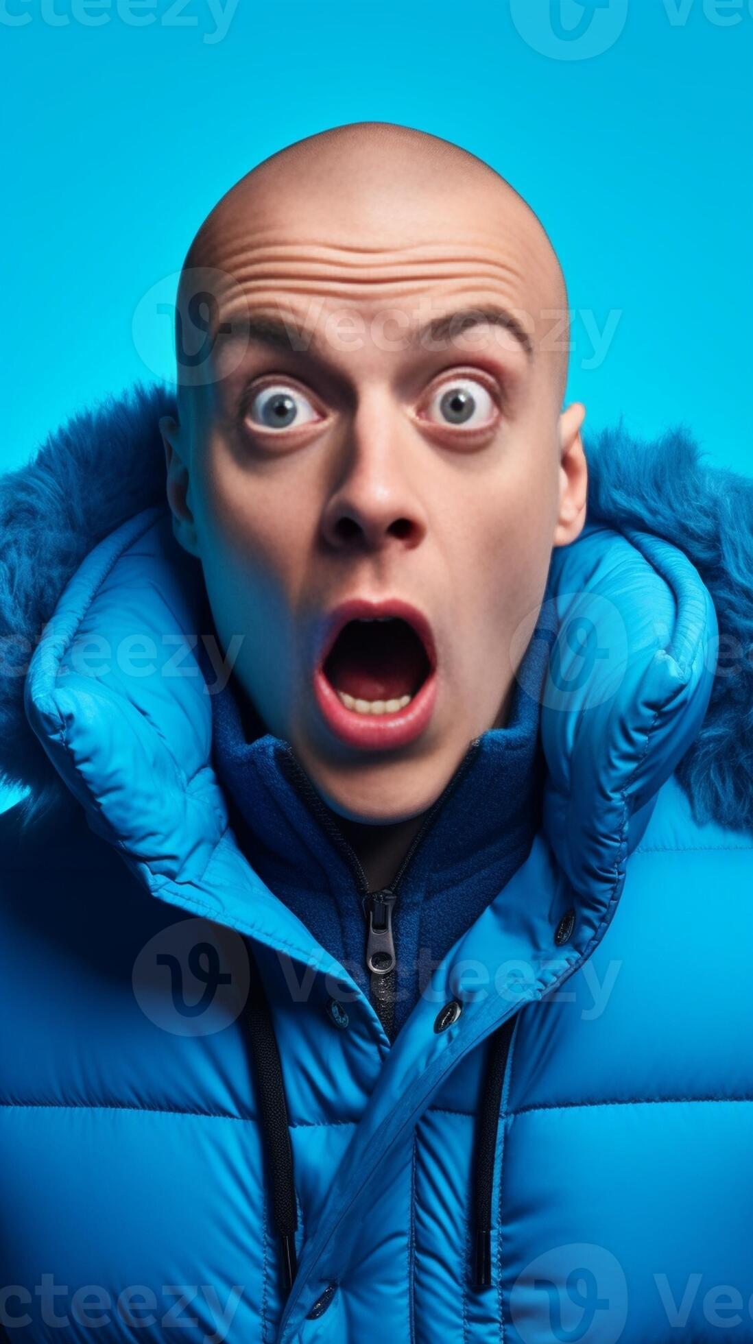 Emotional shocked frosty man dressed in winter outerwear holds frozen