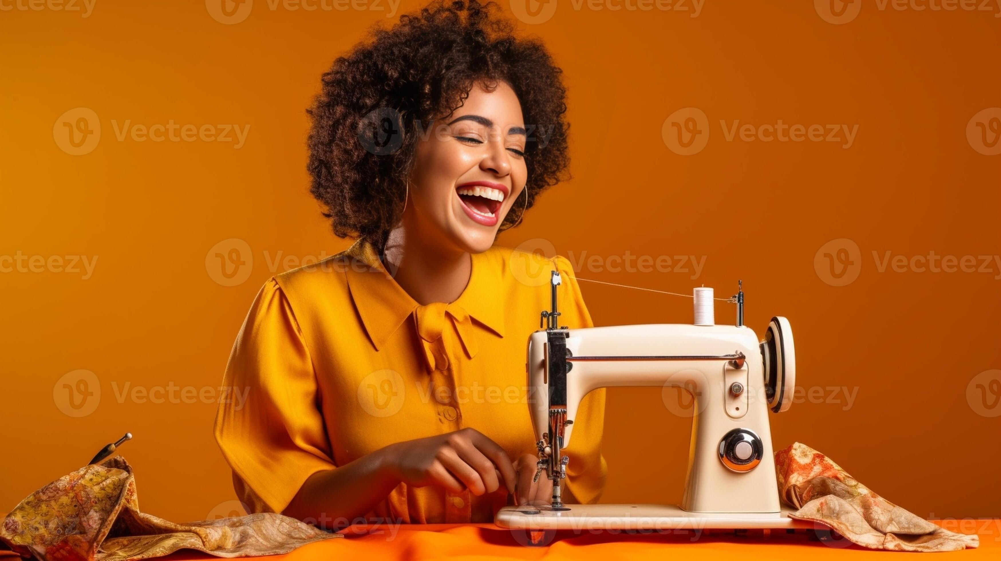 Positive curly haired European woman uses steam iron for stroking