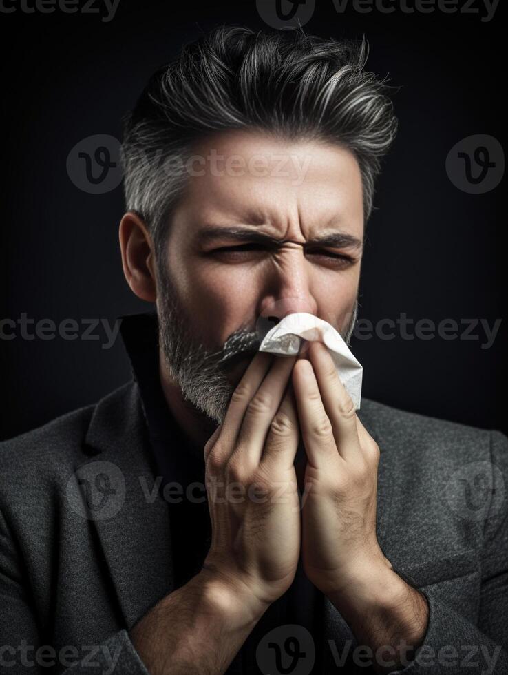 Studio shot of bearded man suffers from allergic rhinitis holds napkin