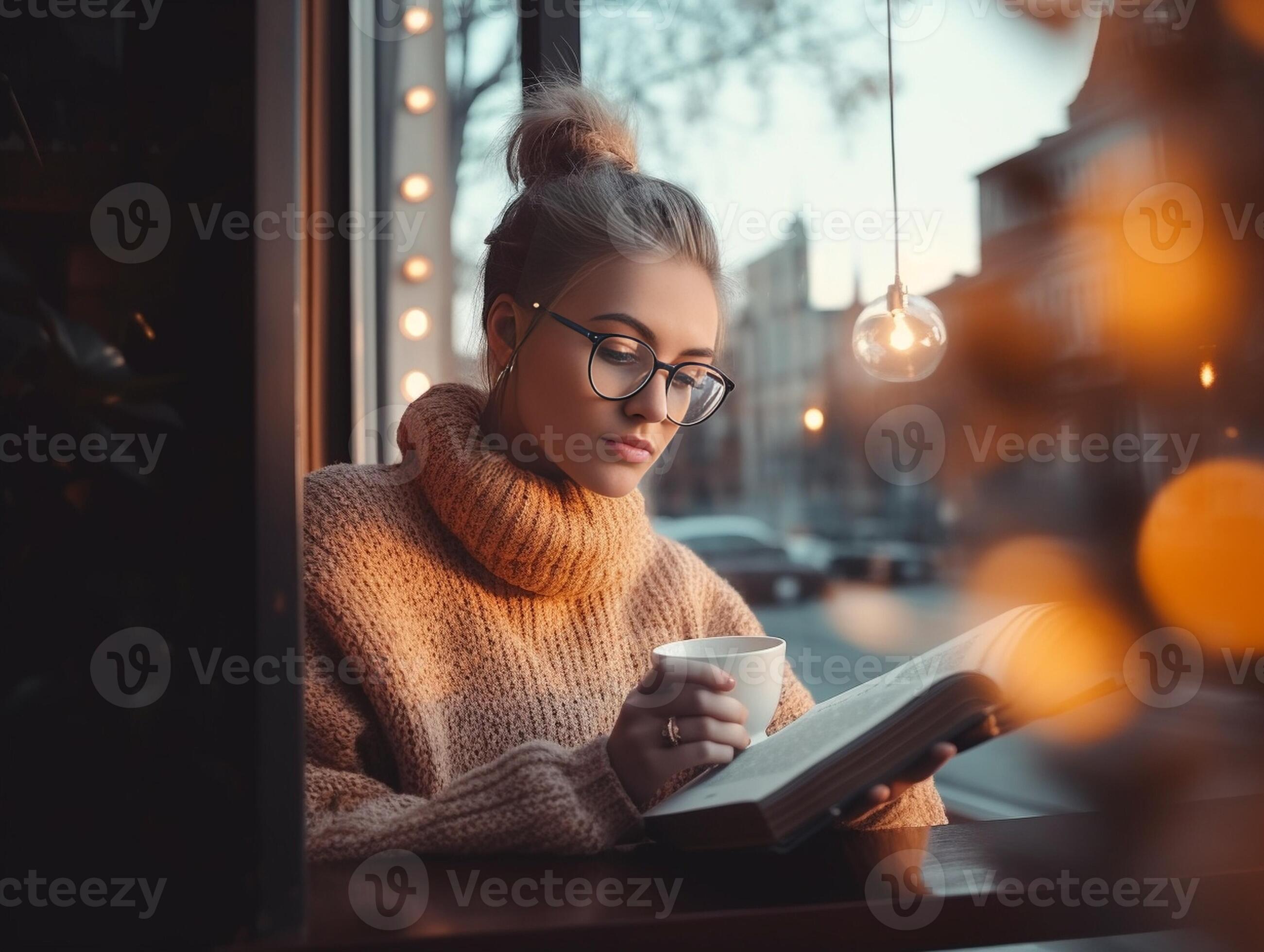 Teenage hipster girl relaxes at coffee shop with cup of espresso