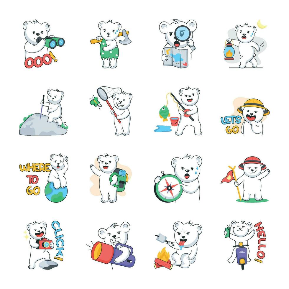 Pack of Adventure Bears Flat Stickers vector