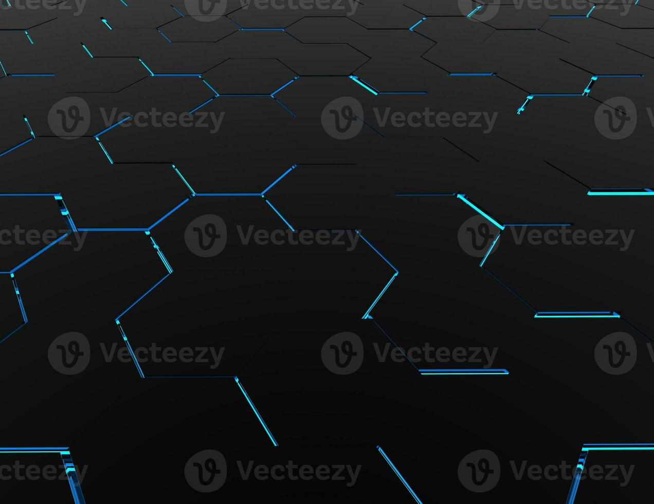 Dark abstract background with glowing cold lights beneath the hexagons photo