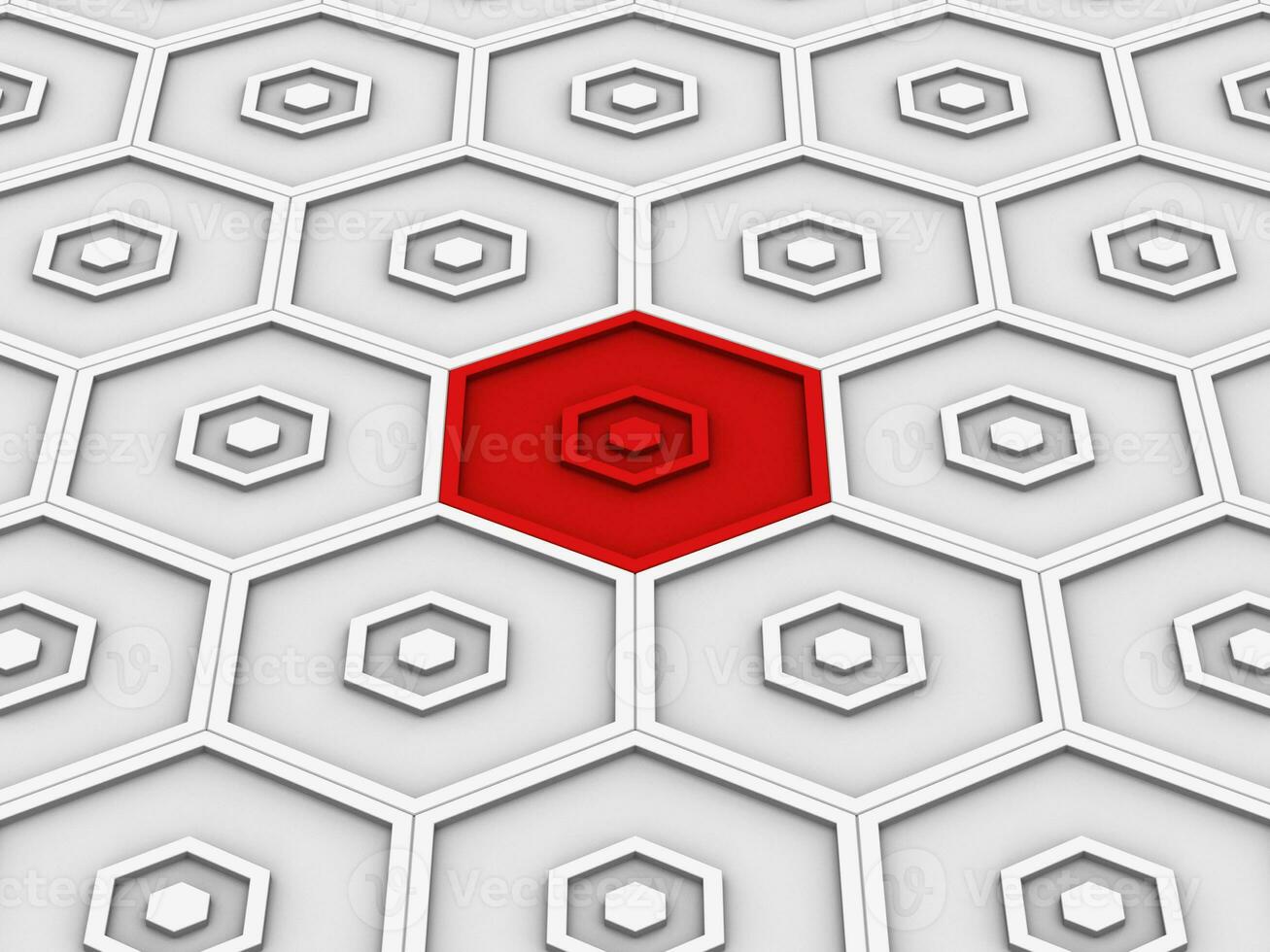 Red small hexagon stands out of white background filled with hexagons photo