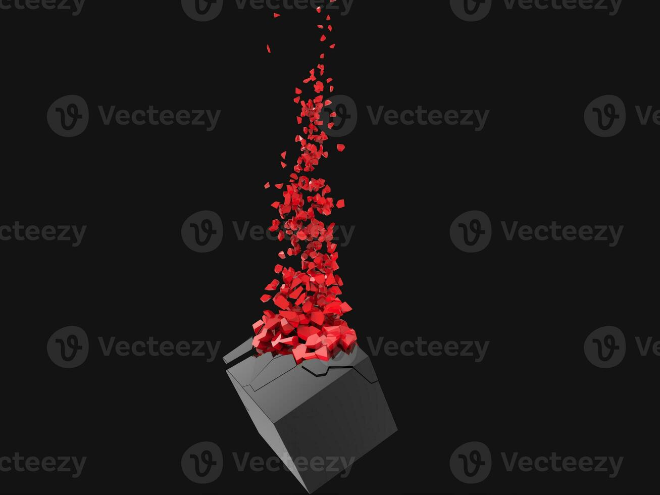 Black cube shattering into many red pieces photo