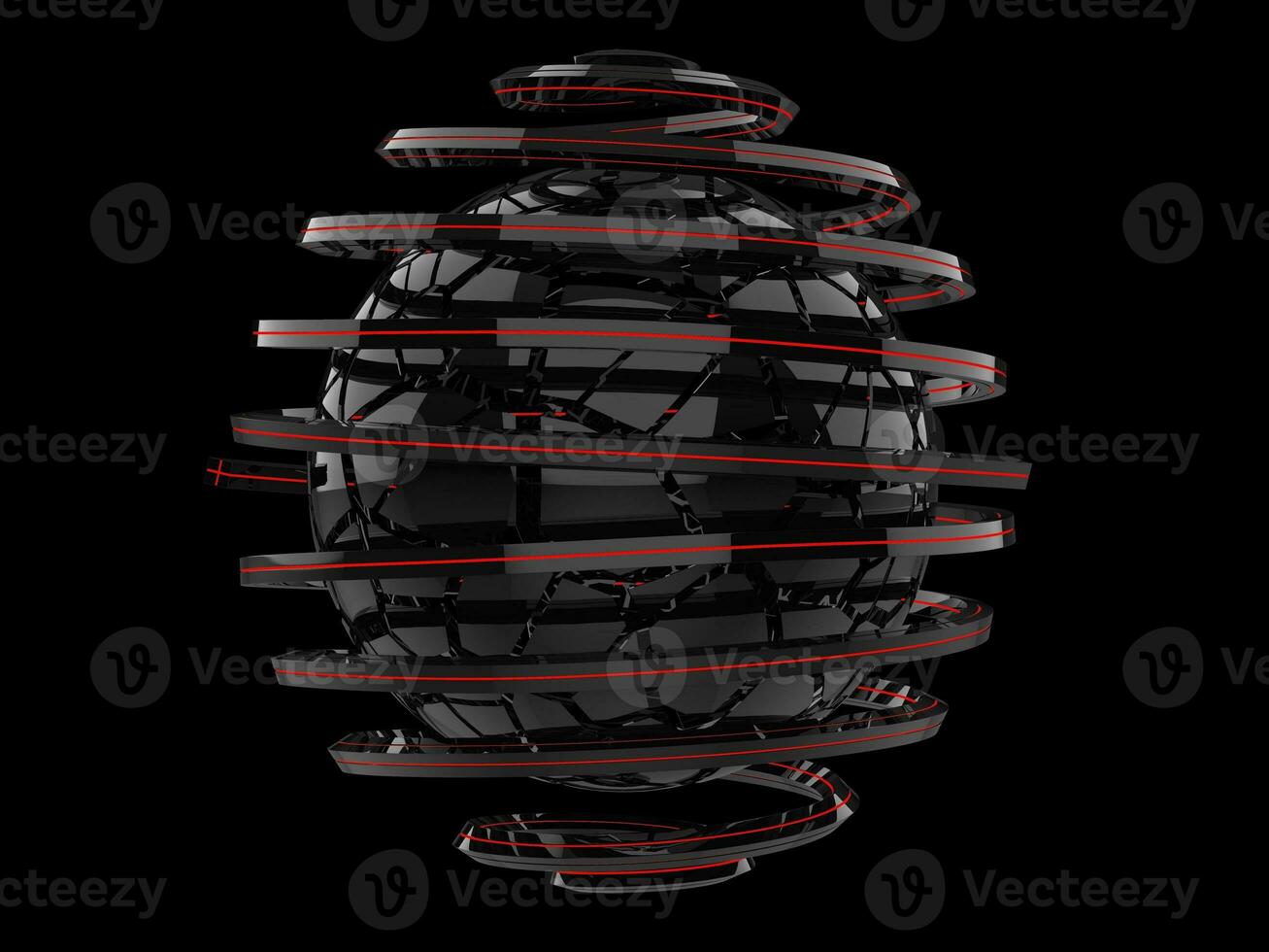 Abstract spiral forms with glowing red line forming around black broken sphere photo