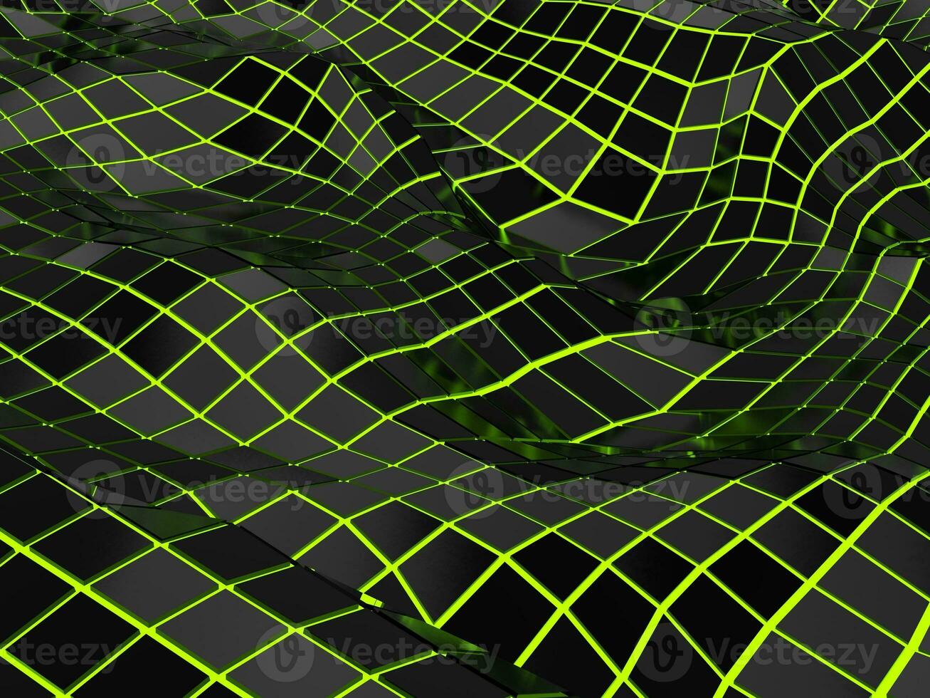 Digital low poly waves - bright green glowing light photo