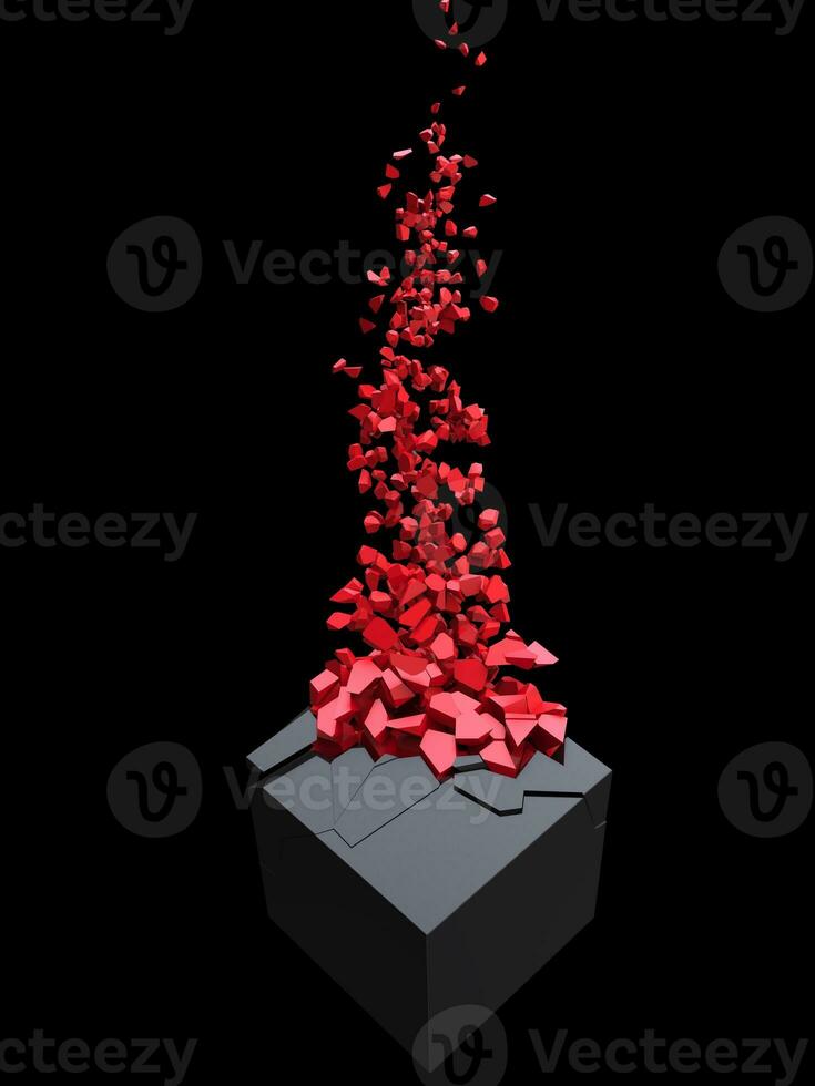 Abstract black cube shattering into million red small pieces photo