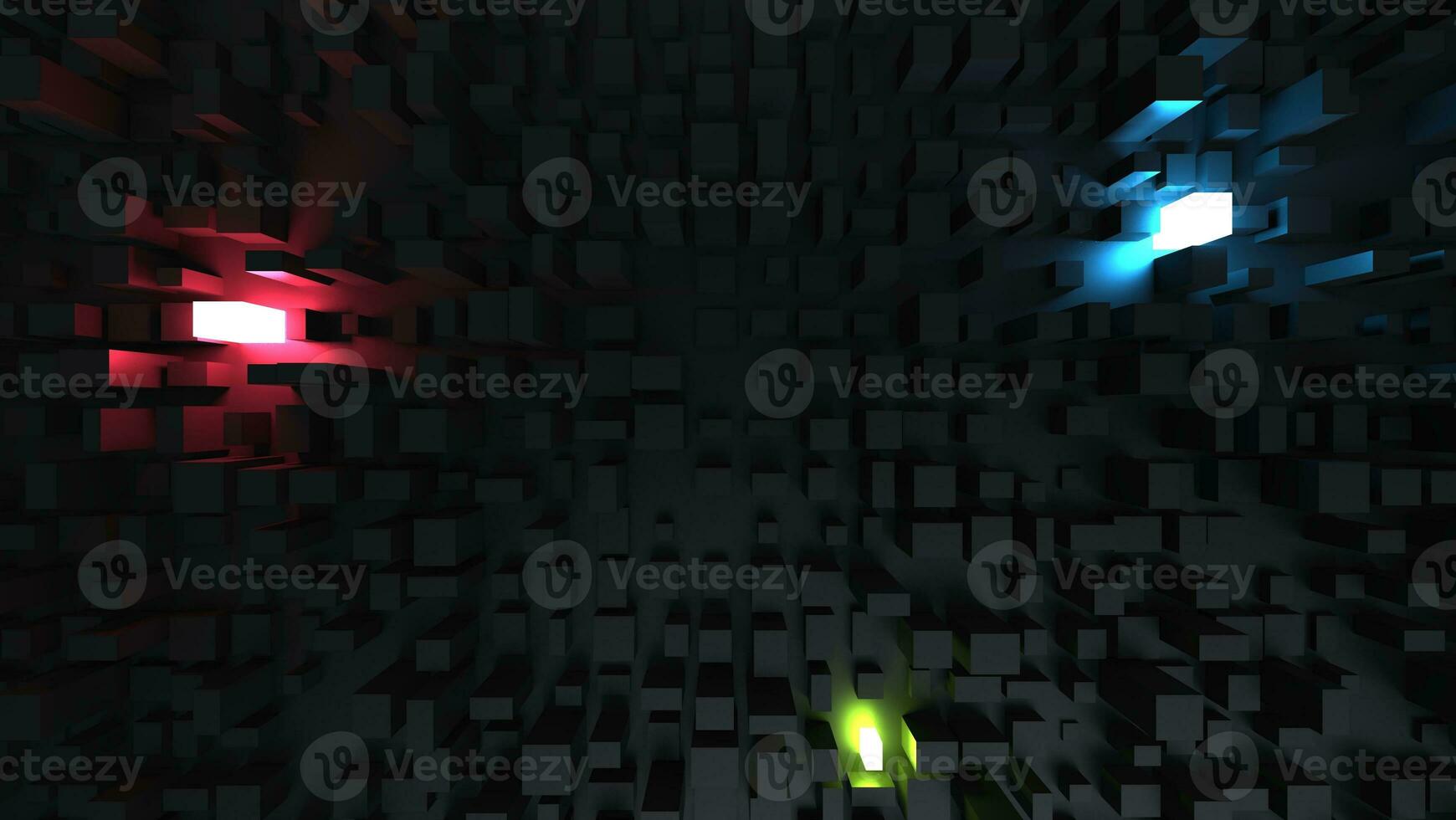 Red, green and blue lights in black abstract cubic environment photo