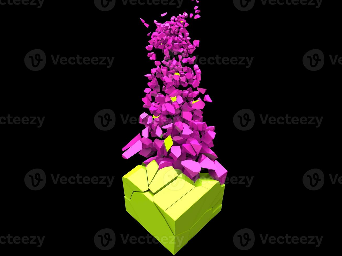 Green cube exploding into thousands of ping small fragments photo