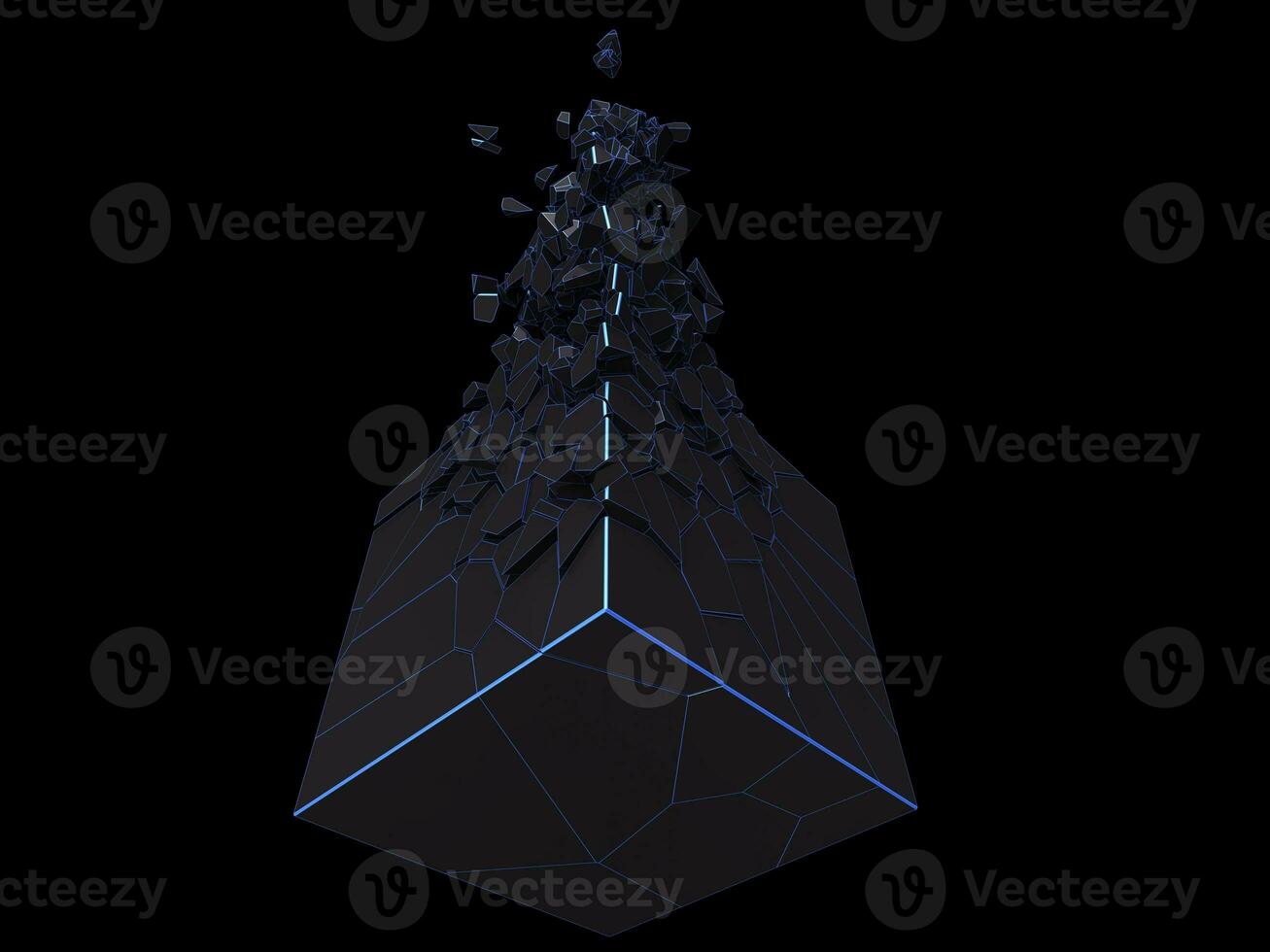 Abstract black cube shape with blue glow outlines breaking into hundreds of small pieces photo