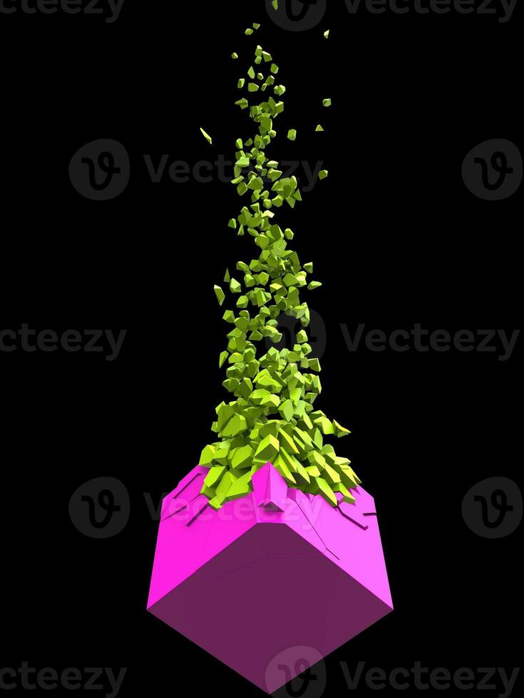 Pink abstract cube shape exploding into thousand bright green pieces photo