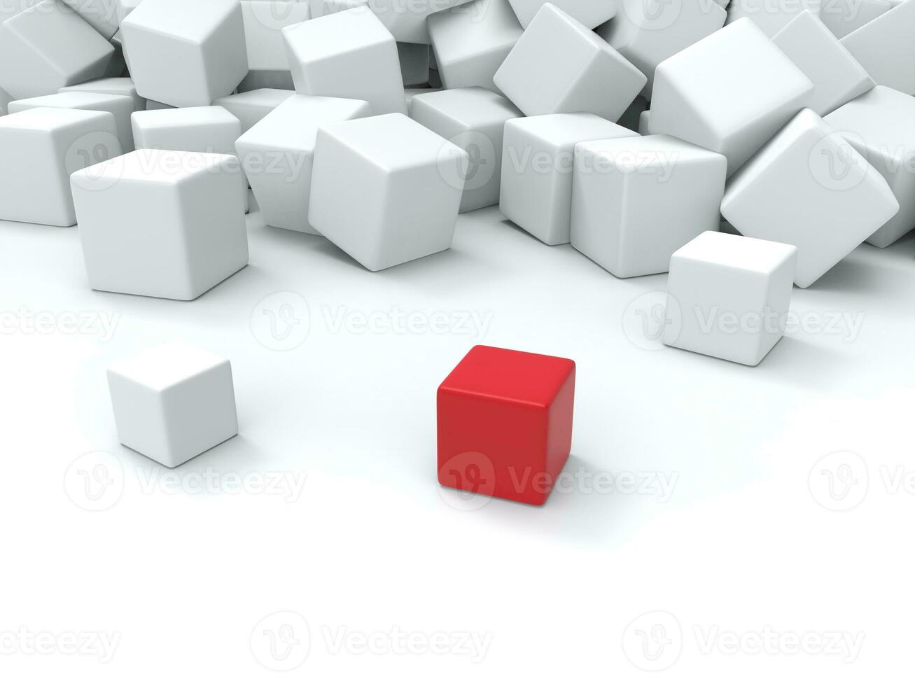 Red cube stands out on a white background filled with other white cubes - abstract background photo